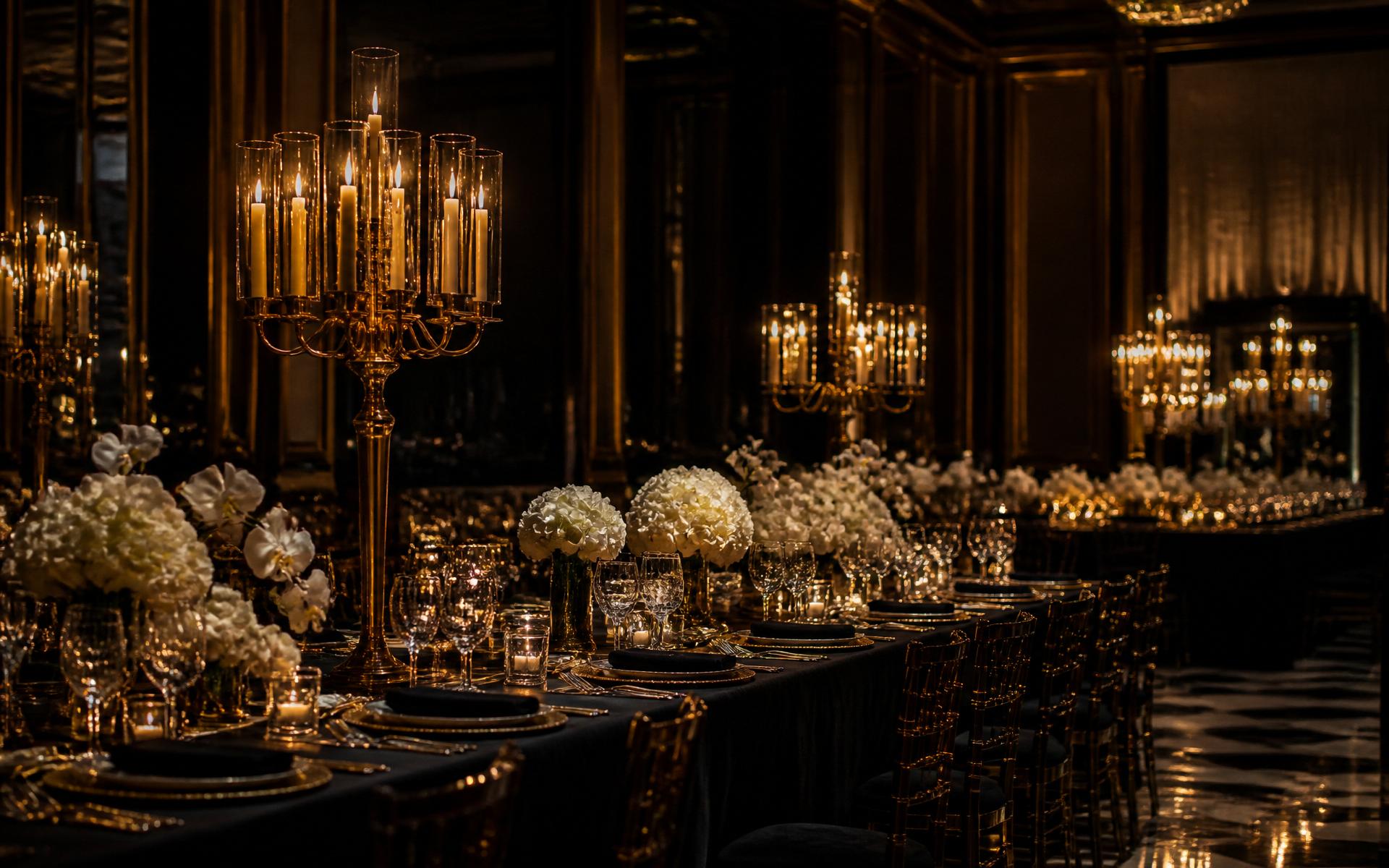 Elegant candlelit banquet event setting